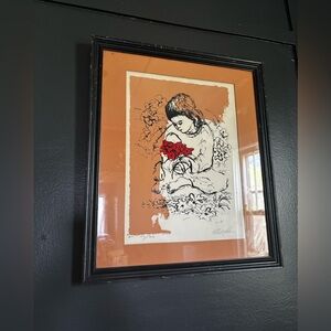 Mid century ink block print mid century signed flower figure